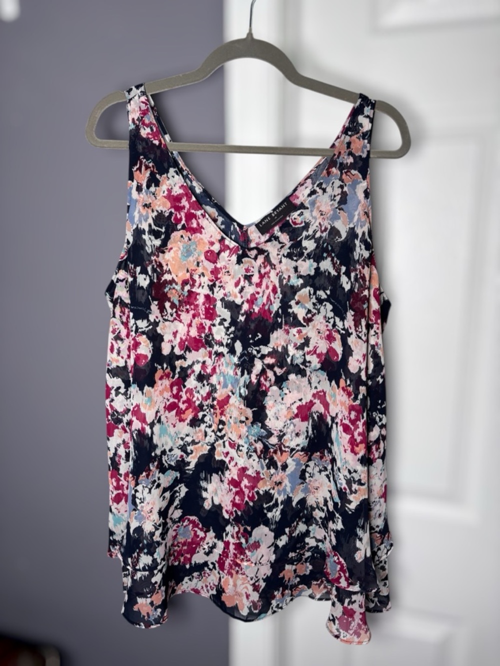 Lane Bryant Navy Blue Red Floral V Neck Tunic Blouse Size 18